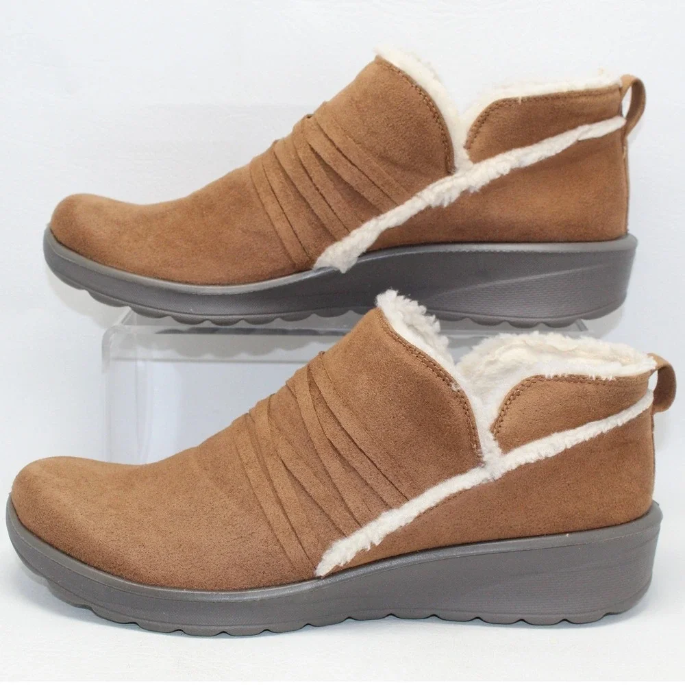 Bzees Glide Womens 9M Brown Fabric Faux Fur Trim‎ Slip On Wedge Ankle Boots